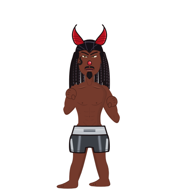 rayquan, blue corner portrait. Landed 7 of 8 punches. Hat: Devil horns.