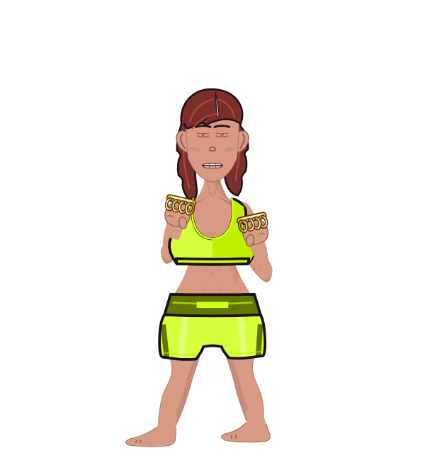 B Nasty, blue corner portrait. Landed 8 of 10 punches. Shirt: Sports bra; Hands: Brass.