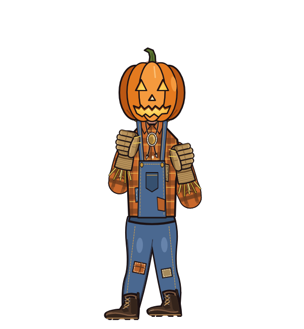 Webmaster, blue corner portrait. Landed 56 of 98 punches. Hat: Jack-o'-lantern; Shirt: Scarecrow flannel; Hands: Straw gloves.