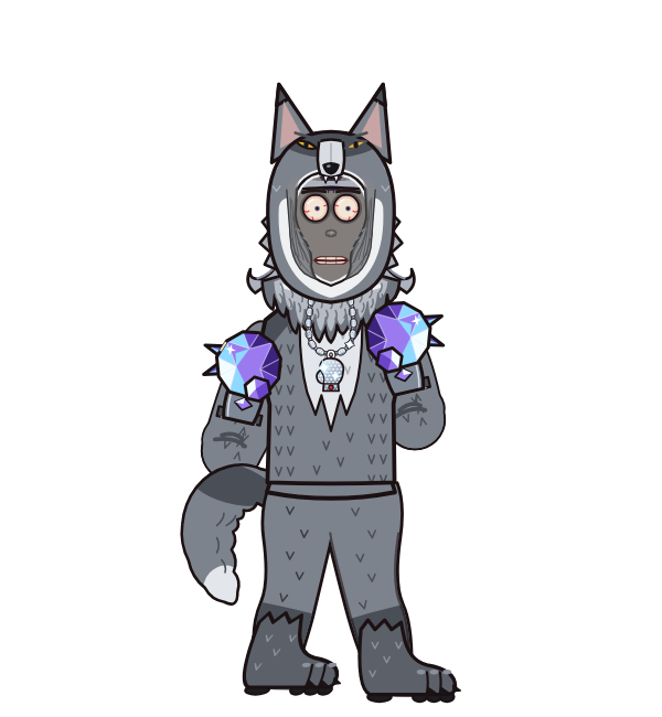 blacktaker, red corner portrait. Landed 32 of 35 punches. Hat: Wolf head; Shirt: Wolf body; Hands: Crystal gauntlets.