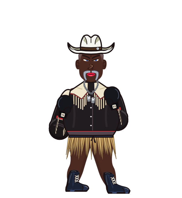thexterminigg, red corner portrait. Landed 42 of 57 punches. Hat: Cowboy hat; Shirt: Fringe jacket; Hands: Classic.