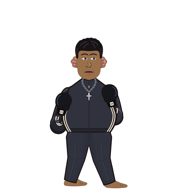 Mike Tyson, red corner portrait. Landed 44 of 56 punches. Shirt: Track jacket; Hands: Classic.