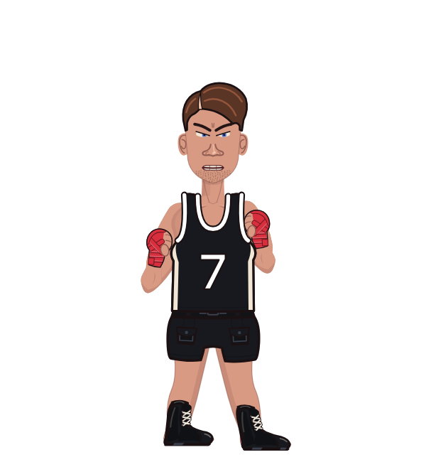 ZythSchoolAcc, red corner portrait. Landed 32 of 38 punches. Shirt: Jersey; Hands: Wrapped.