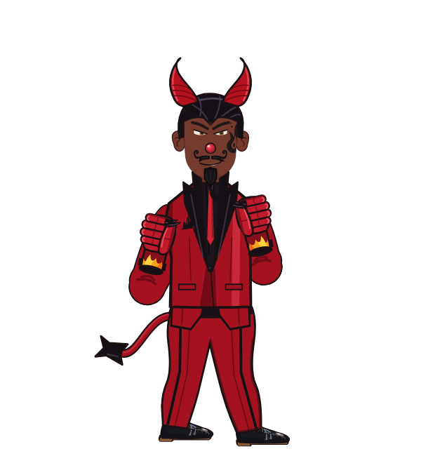 rayquan, red corner portrait. Landed 24 of 79 punches. Hat: Devil horns; Shirt: Devil suit; Hands: Devil gloves.