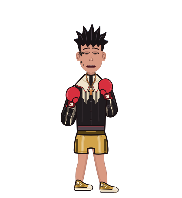 Roy, red corner portrait. Landed 78 of 112 punches. Shirt: Fringe jacket; Hands: Classic.