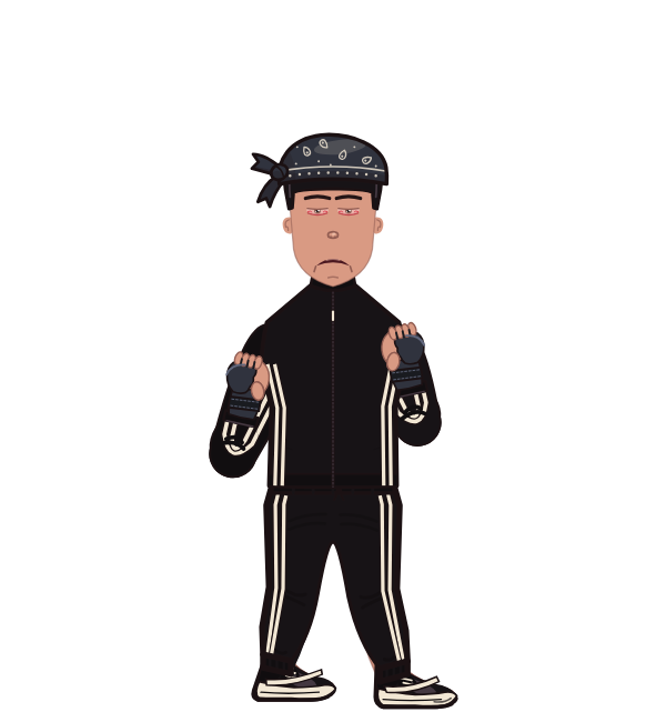 DaGrind, red corner portrait. Landed 48 of 62 punches. Hat: Bandana; Shirt: Track jacket; Hands: MMA gloves.