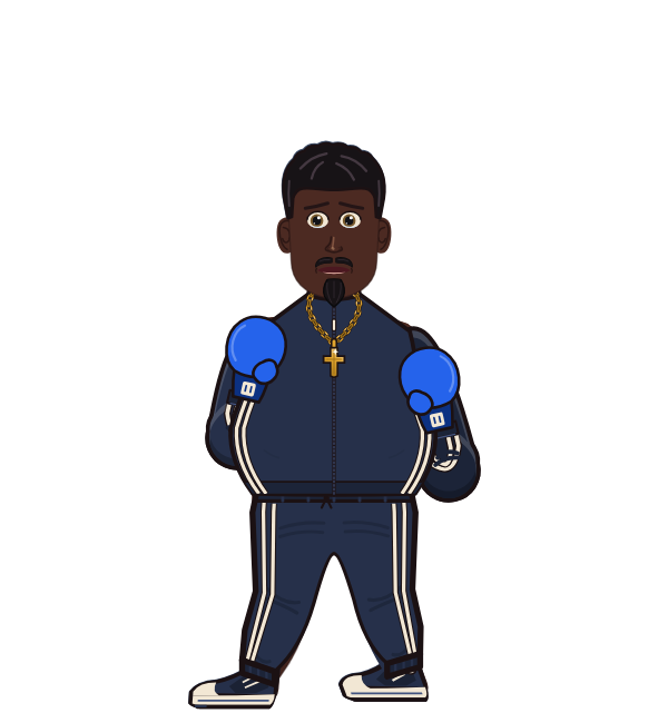 Black flash, blue corner portrait. Landed 28 of 58 punches. Shirt: Track jacket; Hands: Classic.