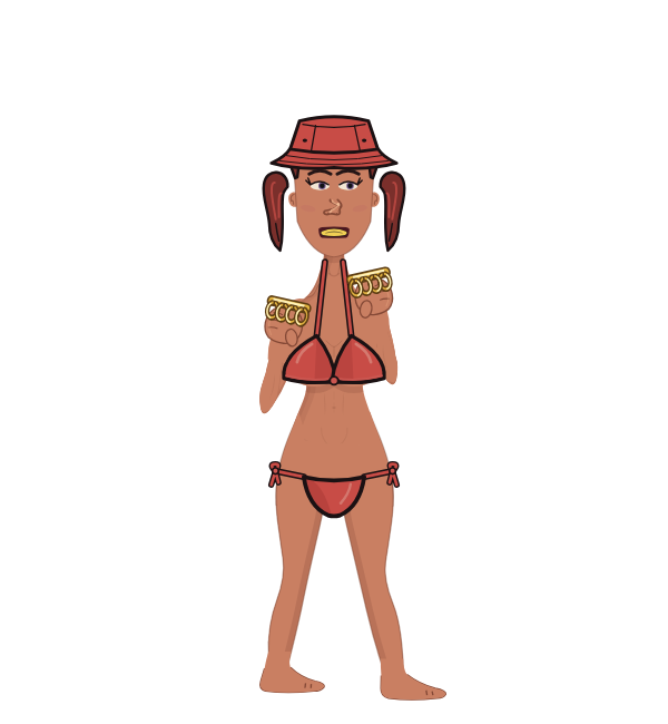 JollyMuffin, red corner portrait. Landed 29 of 46 punches. Hat: Bucket hat; Shirt: Bikini top; Hands: Brass.