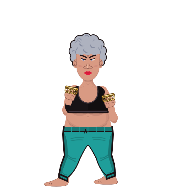 Granny, blue corner portrait. Landed 50 of 75 punches. Shirt: Sports bra; Hands: Brass.