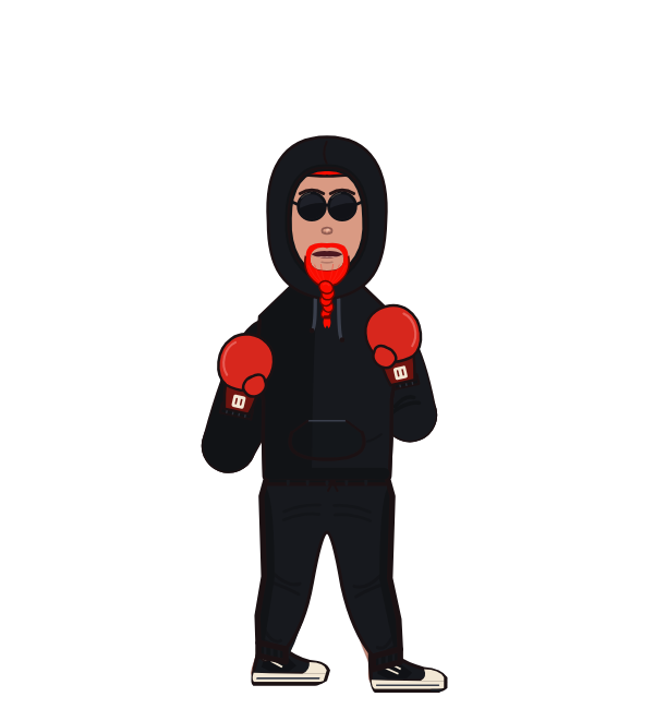 Hotdog, red corner portrait. Landed 9 of 10 punches. Shirt: Hoodie; Hands: Classic.