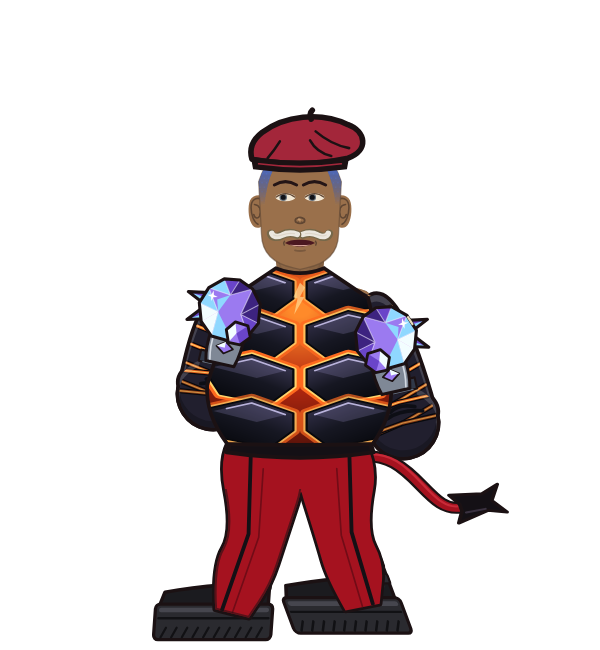 SpicyKettle, blue corner portrait. Landed 90 of 145 punches. Hat: Beret; Shirt: Obsidian armor; Hands: Crystal gauntlets.