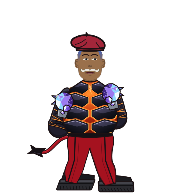 SpicyKettle, red corner portrait. Landed 92 of 148 punches. Hat: Beret; Shirt: Obsidian armor; Hands: Crystal gauntlets.