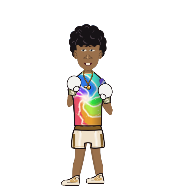 Sendy, blue corner portrait. Landed 44 of 65 punches. Shirt: Tie-dye T-shirt; Hands: Classic.