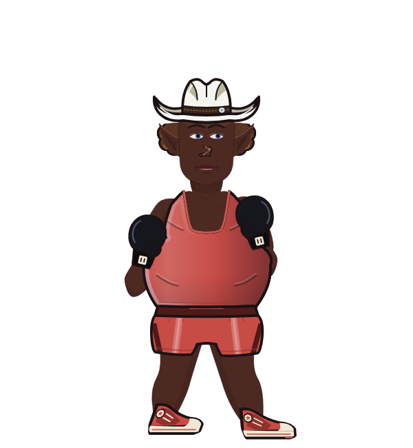 Smashmouth, red corner portrait. Landed 62 of 95 punches. Hat: Cowboy hat; Shirt: Tank; Hands: Classic.