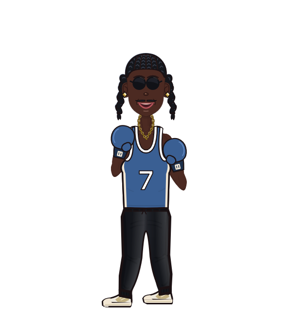 Snooze Dogg, blue corner portrait. Landed 28 of 41 punches. Shirt: Jersey; Hands: Classic.