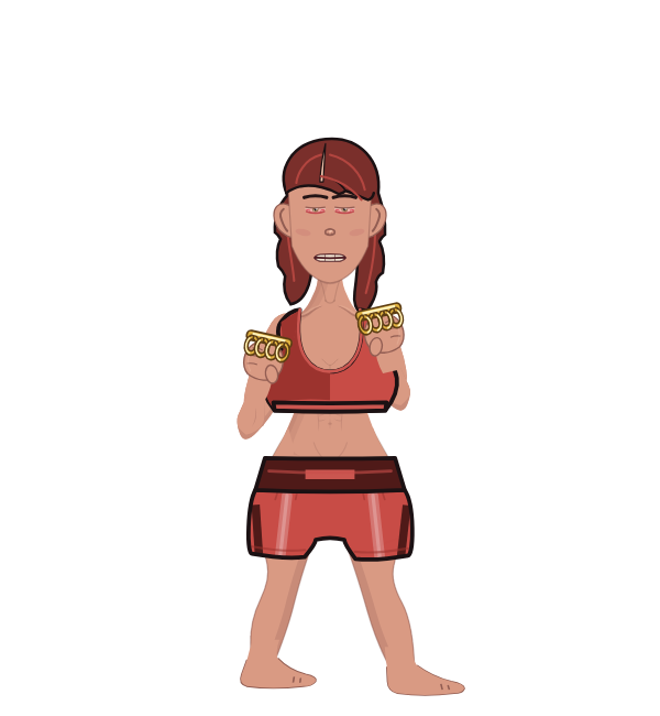 B Nasty, red corner portrait. Landed 44 of 65 punches. Shirt: Sports bra; Hands: Brass.