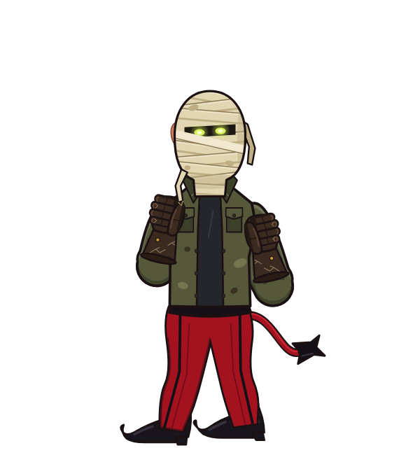 El Matador, blue corner portrait. Landed 58 of 115 punches. Hat: Mummy wrap; Shirt: Slasher jacket; Hands: Plague doctor gloves.