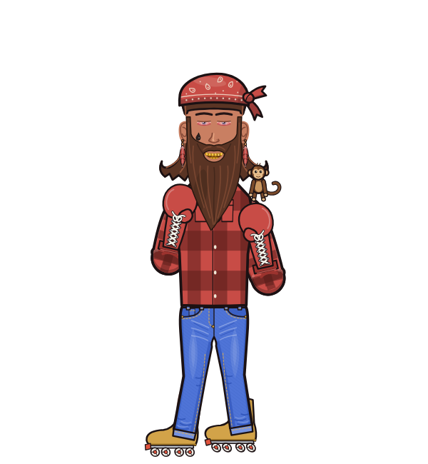 Webmaster, blue corner portrait. Landed 28 of 43 punches. Hat: Bandana; Shirt: Flannel; Hands: Lace-up gloves.