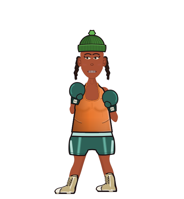 Punchkin, blue corner portrait. Landed 26 of 32 punches. Hat: Beanie; Shirt: Tank; Hands: Classic.