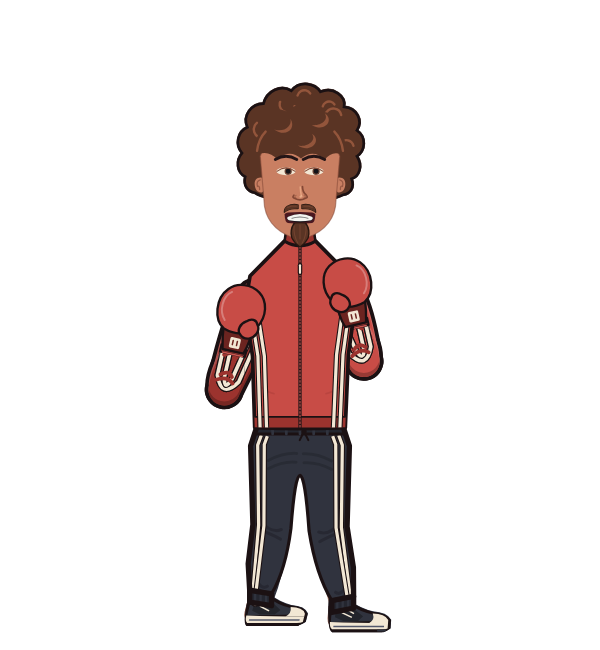 MBoxing, red corner portrait. Landed 64 of 95 punches. Shirt: Track jacket; Hands: Classic.