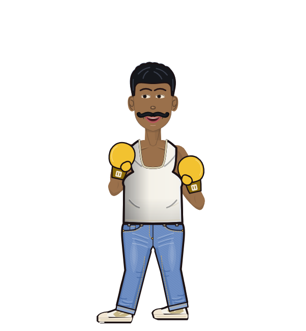 Freddie Merciless, blue corner portrait. Landed 40 of 43 punches. Shirt: Tank; Hands: Classic.