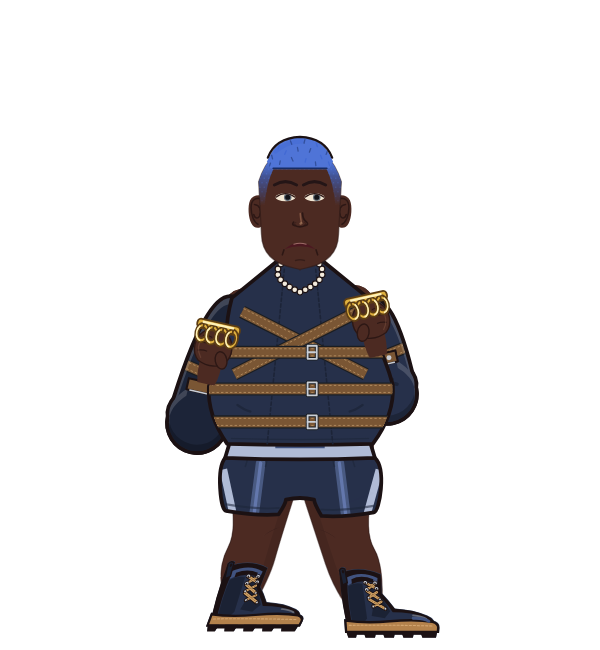 FluffyDetective, red corner portrait. Landed 64 of 105 punches. Shirt: Straitjacket; Hands: Brass.