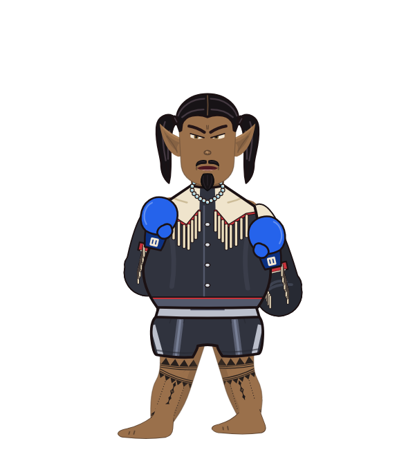 DizzyKettle, blue corner portrait. Landed 10 of 37 punches. Shirt: Fringe jacket; Hands: Classic.