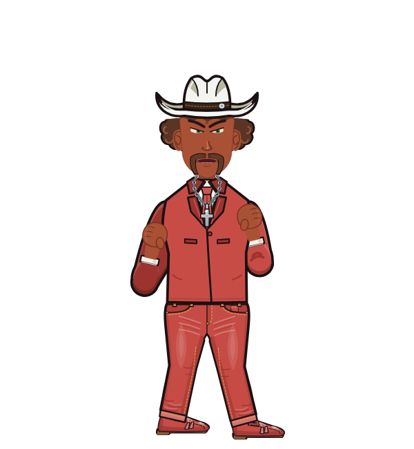 Atomic Monkey, red corner portrait. Landed 56 of 80 punches. Hat: Cowboy hat; Shirt: Suit jacket.