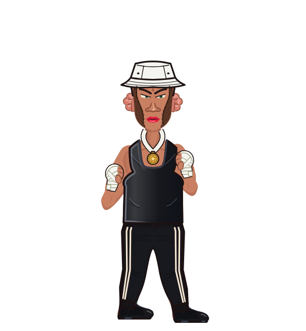 Bengoat, red corner portrait. Landed 34 of 78 punches. Hat: Bucket hat; Shirt: Tank; Hands: Wrapped.