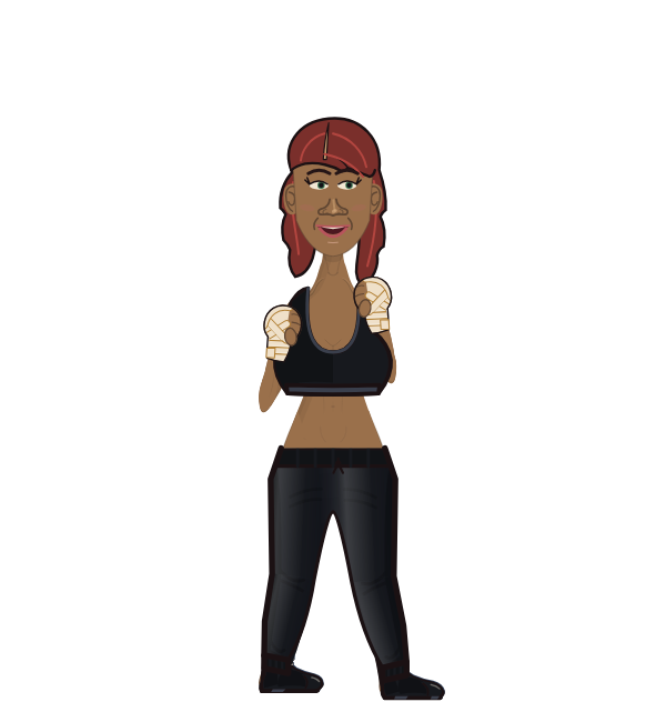 Hustle Buster, red corner portrait. Landed 32 of 39 punches. Shirt: Sports bra; Hands: Wrapped.
