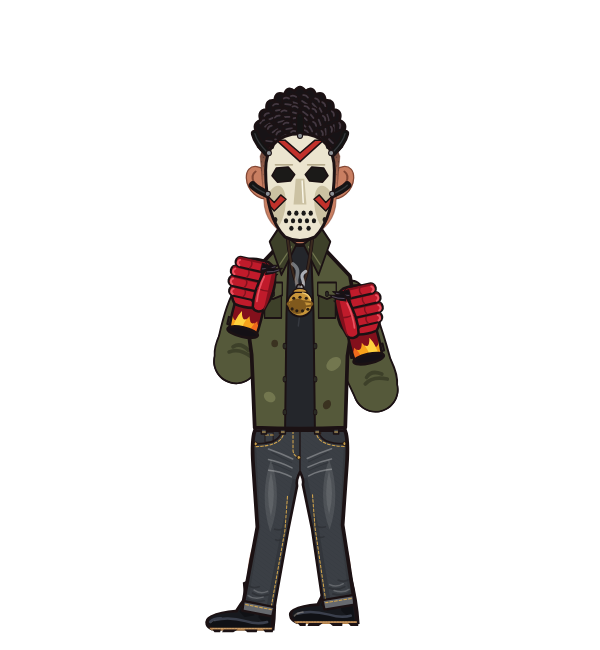 Him, blue corner portrait. Landed 32 of 53 punches. Hat: Hockey mask; Shirt: Slasher jacket; Hands: Devil gloves.