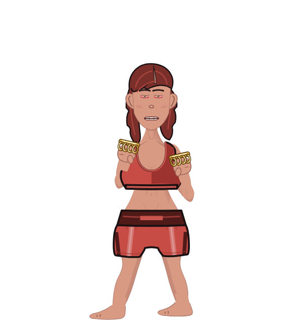 B Nasty, blue corner portrait. Landed 67 of 124 punches. Shirt: Sports bra; Hands: Brass.