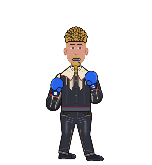 LoopyPirate, red corner portrait. Landed 70 of 108 punches. Shirt: Fringe jacket; Hands: Classic.