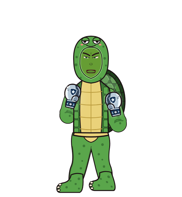 Franklin theTurtle, blue corner portrait. Landed 10 of 10 punches. Hat: Turtle hood; Shirt: Turtle shell; Hands: Silver gloves.