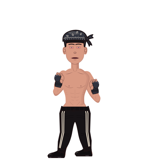 DaGrind, blue corner portrait. Landed 28 of 45 punches. Hat: Bandana; Hands: MMA gloves.