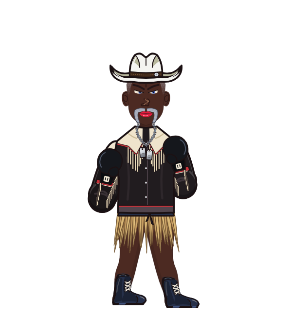 LoopyWalrus, red corner portrait. Landed 18 of 23 punches. Hat: Cowboy hat; Shirt: Fringe jacket; Hands: Classic.