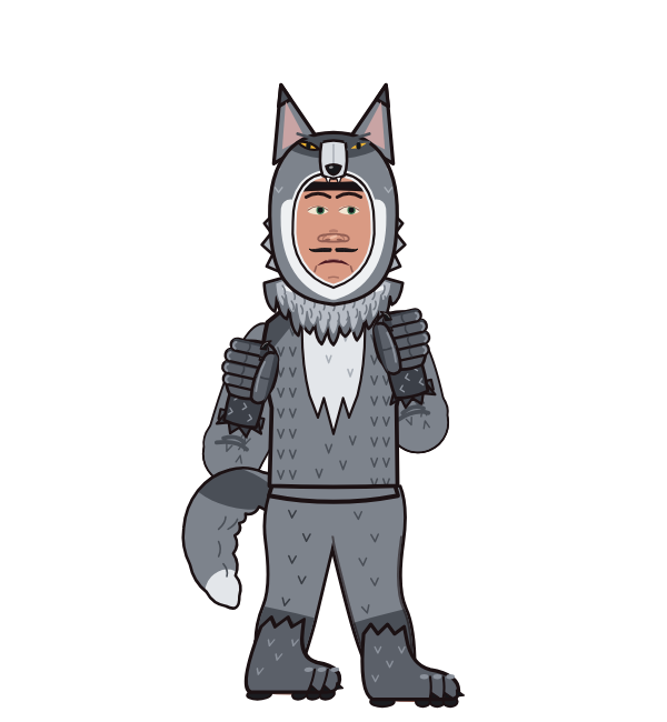 whitefang, red corner portrait. Landed 58 of 117 punches. Hat: Wolf head; Shirt: Wolf body; Hands: Wolf claws.