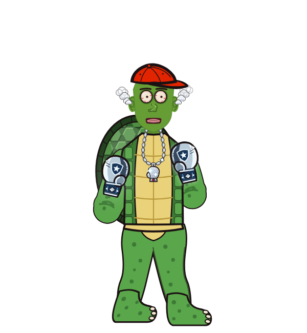 Franklin theTurtle, red corner portrait. Landed 38 of 49 punches. Hat: Cap; Shirt: Turtle shell; Hands: Silver gloves.