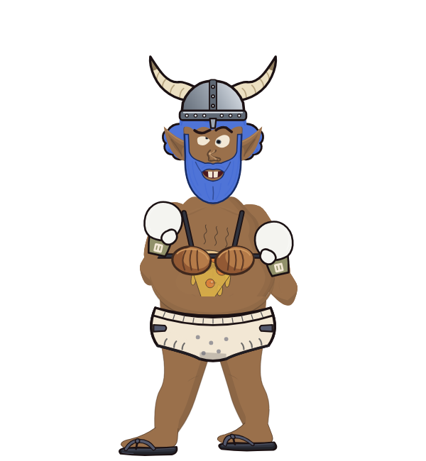 SpicyKettle, blue corner portrait. Landed 12 of 14 punches. Hat: Horns; Shirt: Coconut; Hands: Classic.