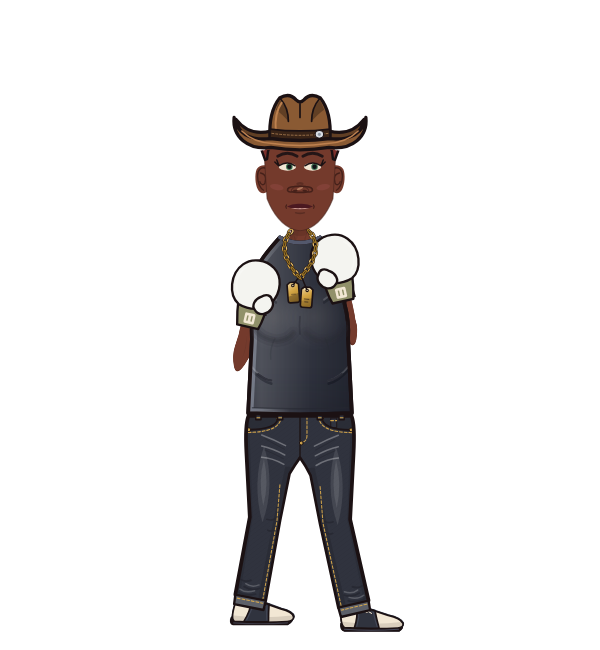 BonkersRooster, red corner portrait. Landed 48 of 56 punches. Hat: Cowboy hat; Shirt: T-shirt; Hands: Classic.