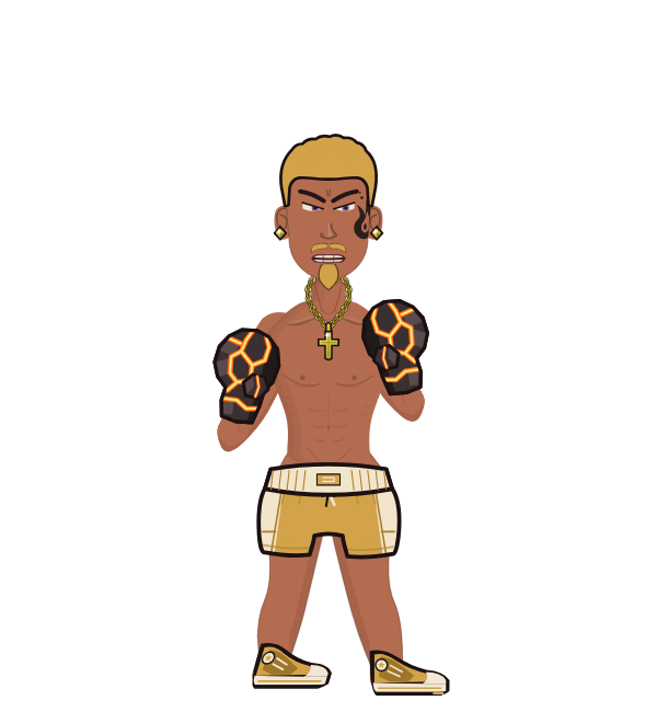 blacktaker, red corner portrait. Landed 55 of 64 punches. Hands: Molten fists.