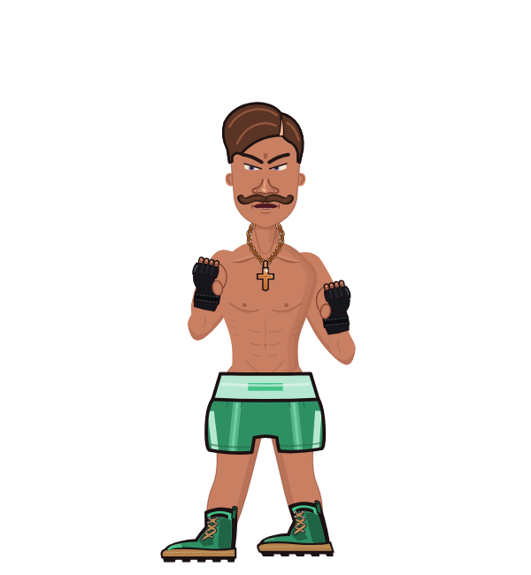 The boss, blue corner portrait. Landed 51 of 76 punches. Hands: MMA gloves.