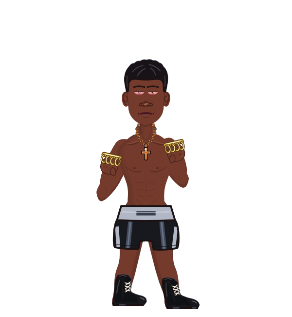 Mikey Tyson, red corner portrait. Landed 50 of 77 punches. Hands: Brass.