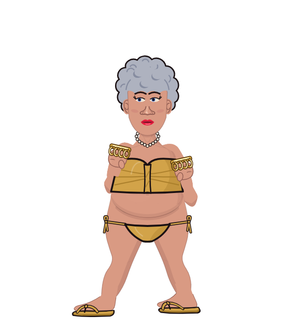 Granny, blue corner portrait. Landed 41 of 51 punches. Shirt: Tube; Hands: Brass.