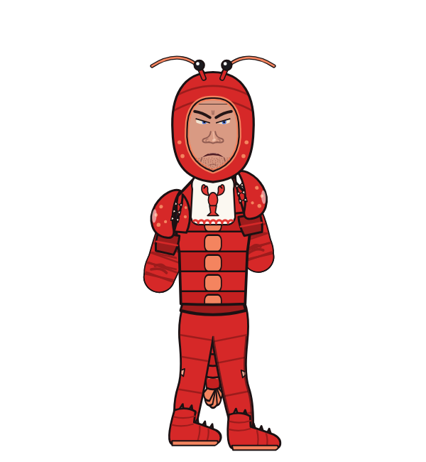 Webmaster, red corner portrait. Landed 16 of 27 punches. Hat: Lobster hood; Shirt: Lobster shell; Hands: Lobster claws.