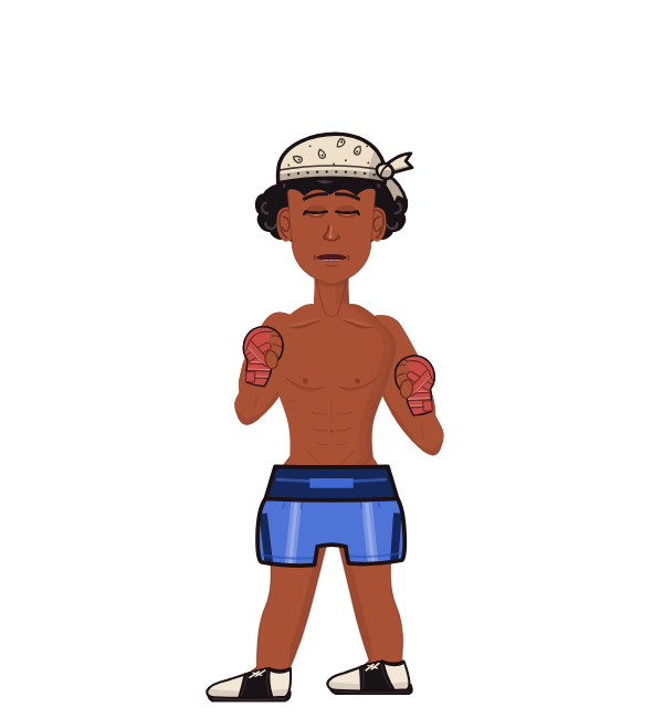 Whooped, blue corner portrait. Landed 48 of 65 punches. Hat: Bandana; Hands: Wrapped.