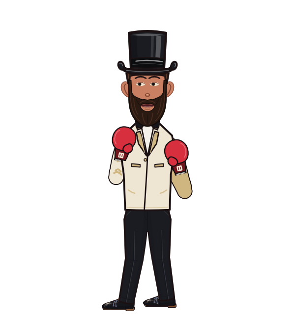 Jabraham Lincoln, blue corner portrait. Landed 11 of 15 punches. Hat: Top hat; Shirt: Formal; Hands: Classic.