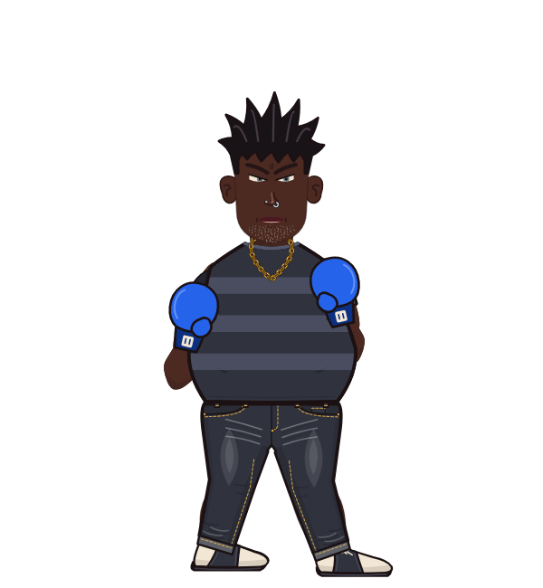 SKUY, red corner portrait. Landed 19 of 46 punches. Shirt: Striped shirt; Hands: Classic.