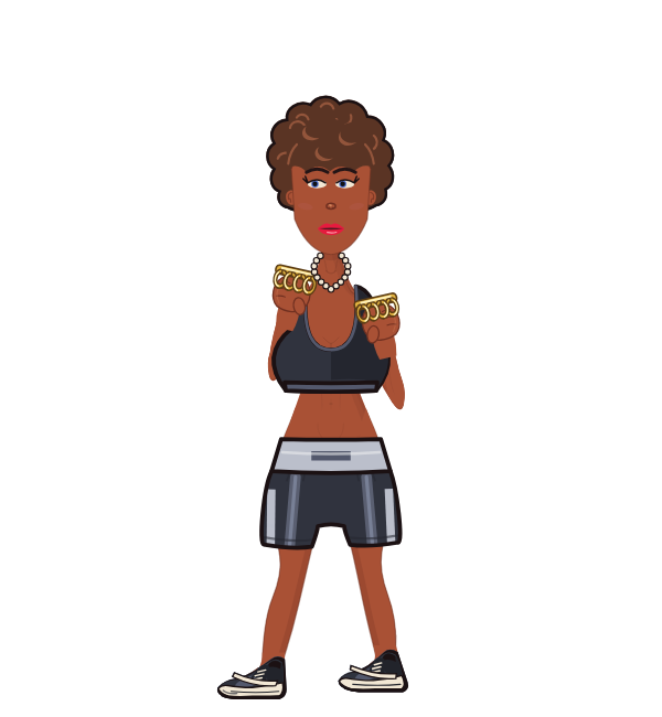 Whoopy Oass, blue corner portrait. Landed 42 of 77 punches. Shirt: Sports bra; Hands: Brass.