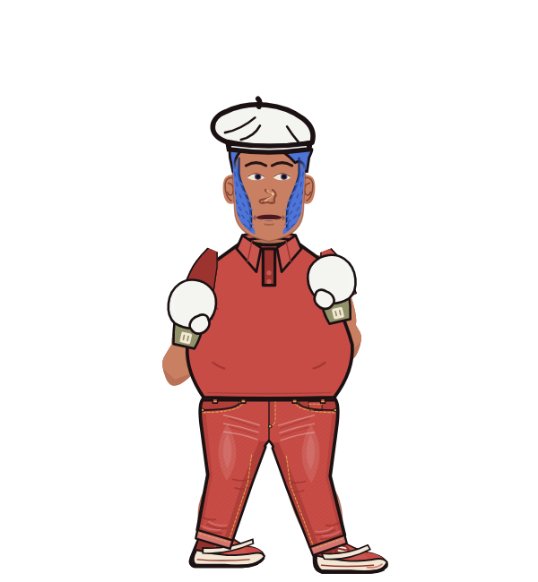 RowdyWizard, red corner portrait. Landed 48 of 65 punches. Hat: Beret; Shirt: Polo; Hands: Classic.